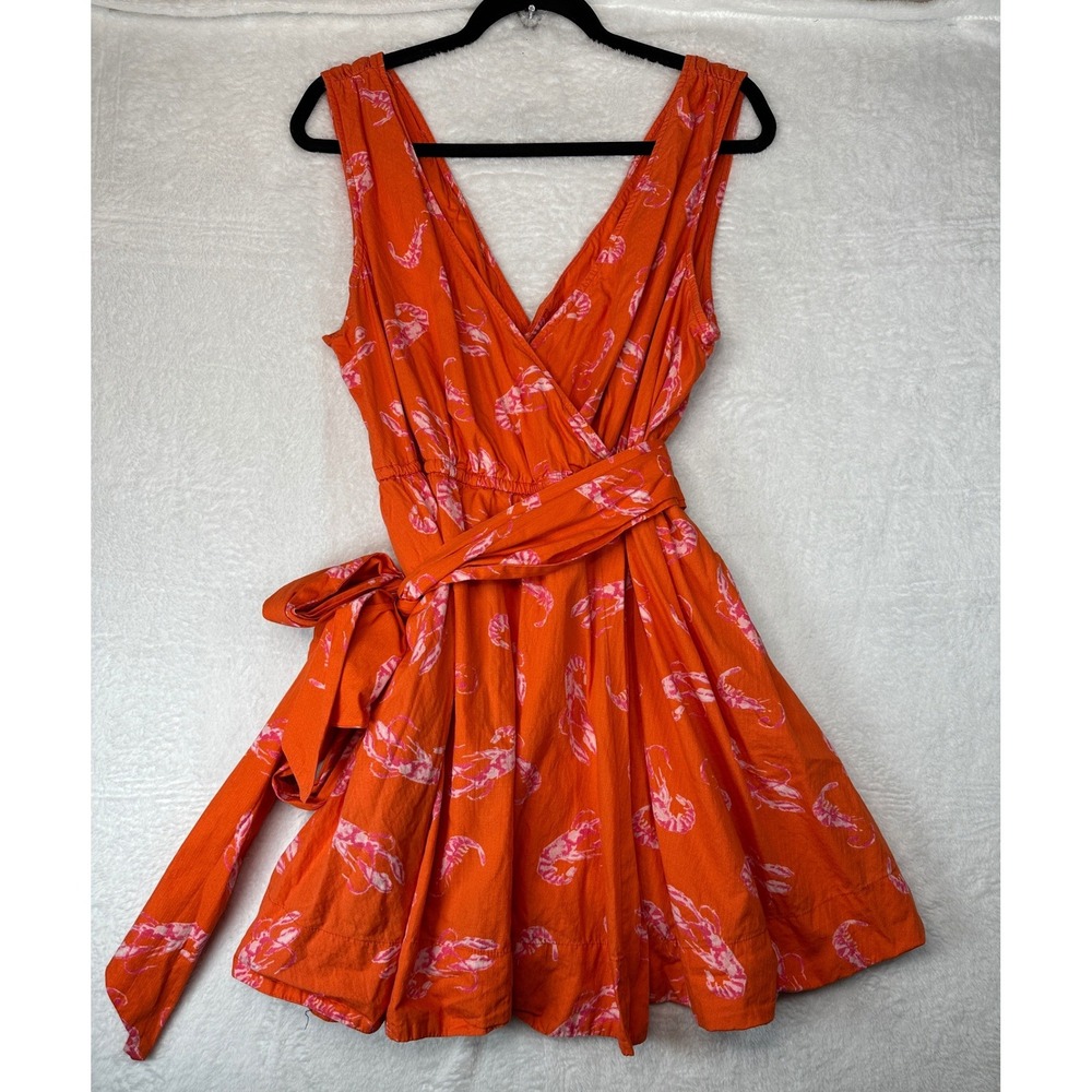 Maeve Anthropologie Dress Womens Large Orange Pink Lobster Print Wrap Tie Mini